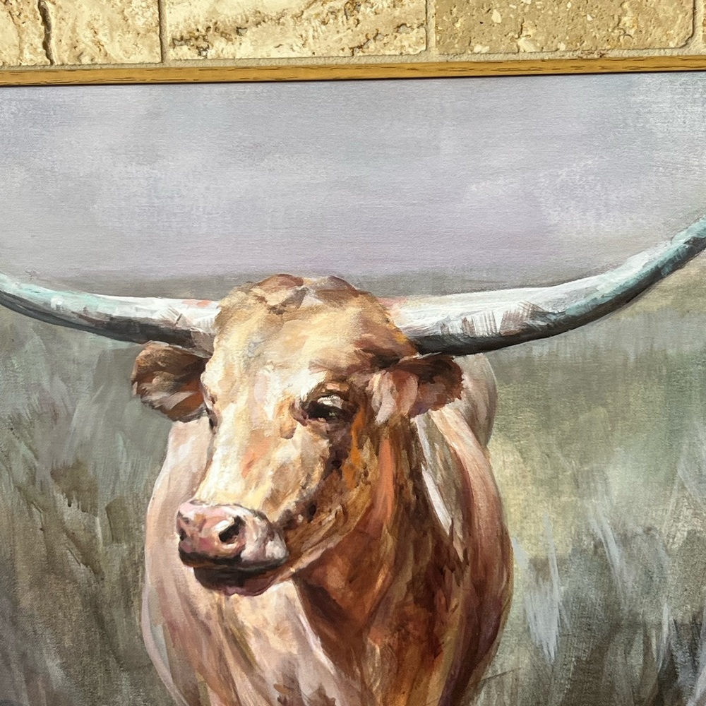 Longhorn Cattle Art Print - Brown and Gray with light tan frame ; New - Picture 3 of 5
